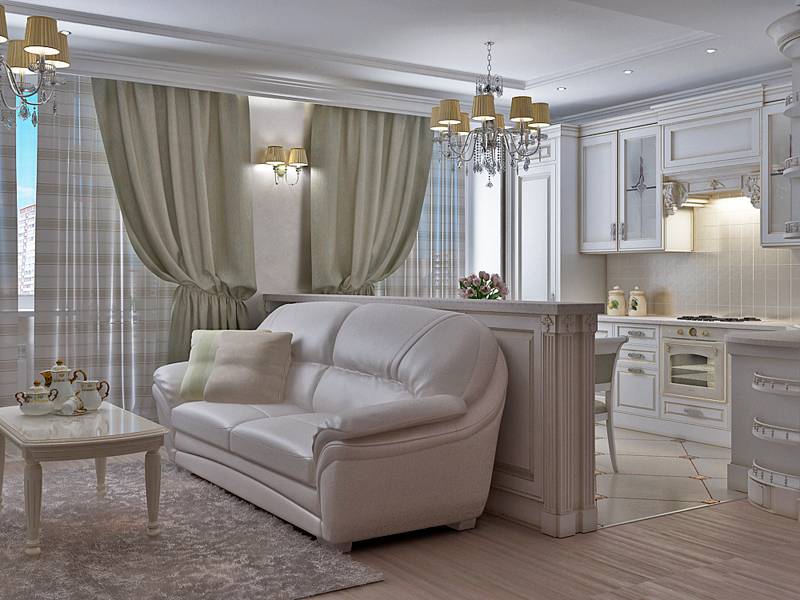 Classic interior of a two-room apartment in pastel colors