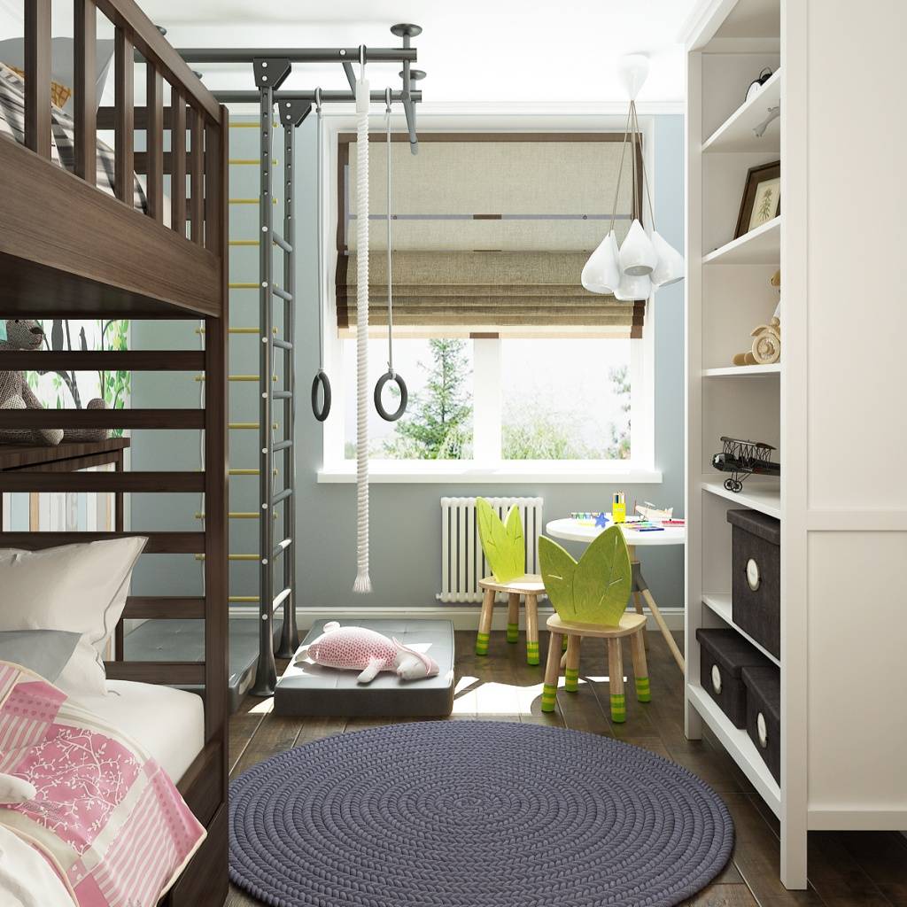 A room for two children with a bunk bed. A sports corner fits perfectly into this room.