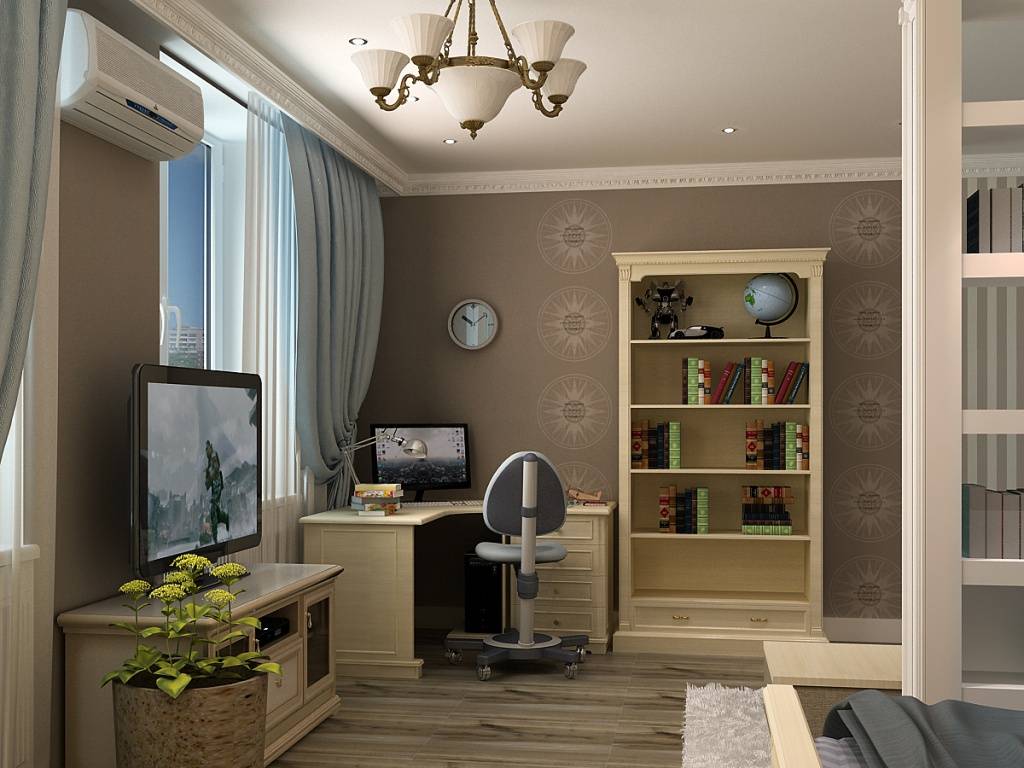 As an alternative to the tired nautical style in a schoolboy's room. A combination of blue, chocolate, and beige in the context of the classic interior of the entire apartment.